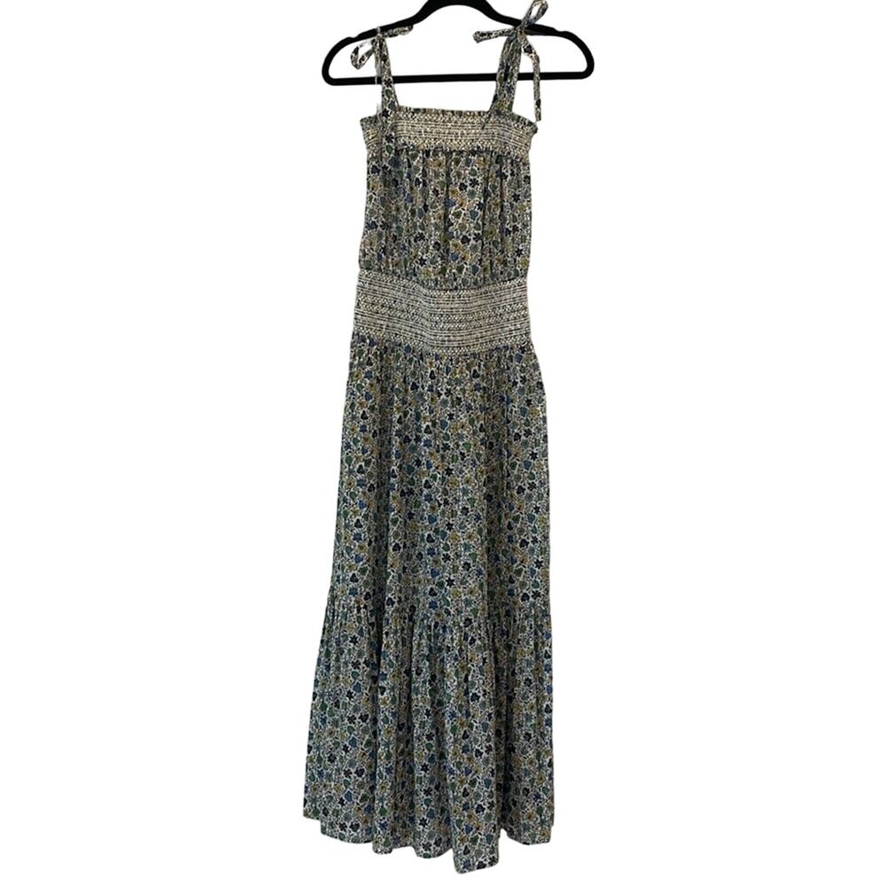 Tory Burch Smocked Shoulder Tie Tiered Floral Print Maxi Sundress  Size XS